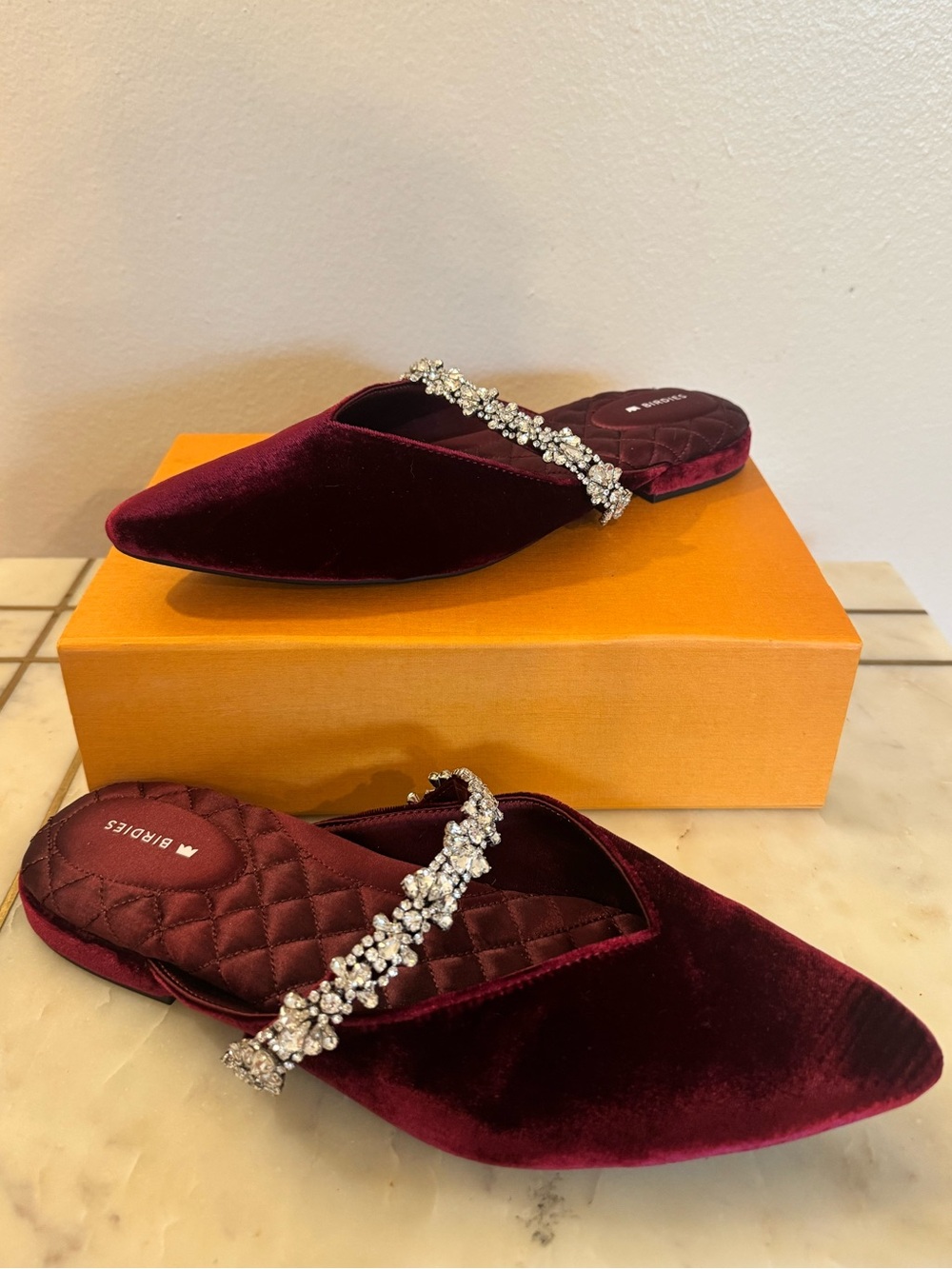 Birdies Burgundy Velvet Crystal-Trim Mules